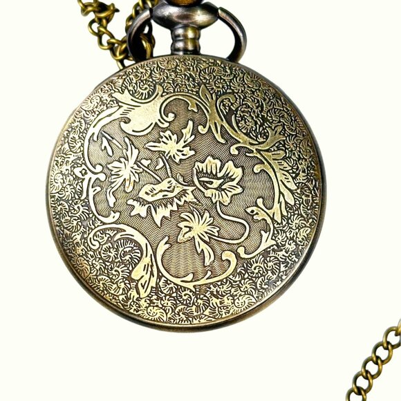 Unique Brass Pocket Watch Intricate Phoenix & Dragon Design NWOT Fantasy Boho Go - Picture 3 of 7